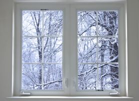 Der Ausblick aus einem Fenster im Winter. Draußen sind Bäume mit Schnee zu sehen